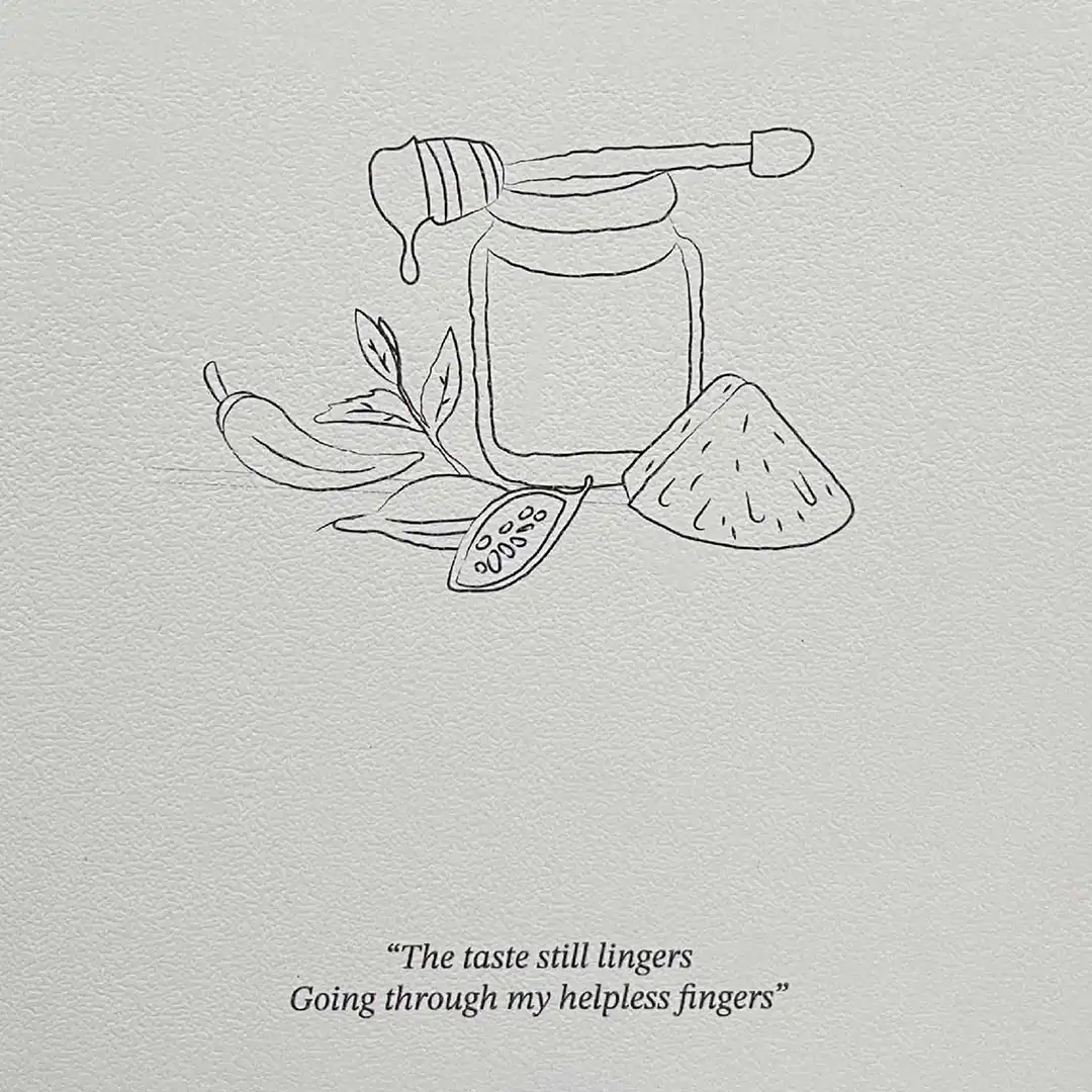 An illustration depicting the cocktail ingredients beautifully intertwined, accompanied by a captivating one-line lyric.