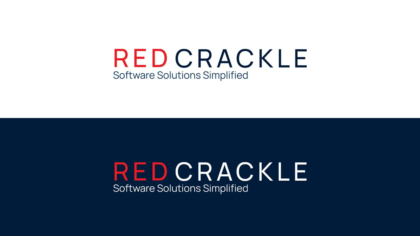 The Red Crackle logo showcased on both a white and a dark blue brand-colored background.